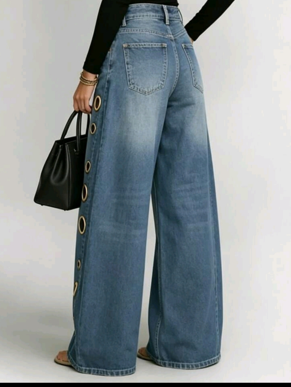 European And American New Denim Jeans With Women's Metal Eyelets Design - Picture 4 of 4